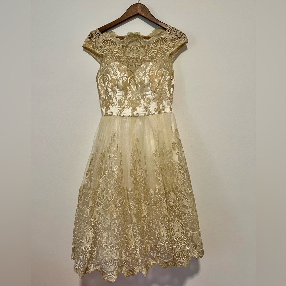 Beige and Gold Lace Midi Dress